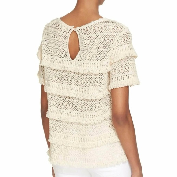 Joie Rafael Boho Cream Fringe Crochet Short Sleeve Top Size Small - Picture 2 of 7